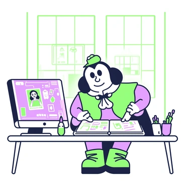 A unique storybook character is seated at a desk in a creative agency studio. The character has large, expressive eyes and whimsical clothing, which includes a vibrant cape and oversized shoes. In front of them, an open sketchbook displays colorful illustrations and notes. Surrounding the character are various art supplies, such as markers, paintbrushes, and colorful papers. A computer monitor to the side shows an ongoing design project filled with character concepts. Large windows in the background allow for ample natural lighting, highlighting the character's focused expression as they work on their creative ideas.