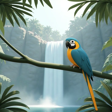 A vibrant macaw, featuring bright blue and yellow feathers, is perched on a thick jungle vine. The macaw is facing slightly to the side, with its wings partially spread and a long tail hanging down. In the background, a majestic waterfall cascades down rocky cliffs, surrounded by lush green foliage and tropical plants. Sunlight filters through the leaves, casting dappled light on the scene, and hints of mist rise from the base of the waterfall.