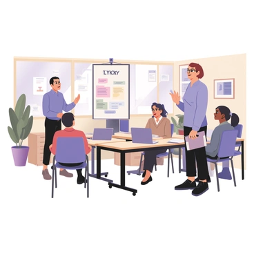 A digital flat illustration depicting an instructor standing in front of a whiteboard, explaining "KYC Processes" to a group of employees seated at desks. The instructor is a middle-aged woman with glasses, wearing a blue blouse and black trousers, gesturing with her right hand. The training room has large windows allowing sunlight to flood in, illuminating the space. The walls are painted in light colors, and there are motivational posters related to learning on the walls. The employees, a diverse group of men and women, are taking notes and looking engaged. Some have laptops open in front of them, while others are holding pens and notepads. A large potted plant is positioned in the corner, adding a touch of greenery to the bright environment.