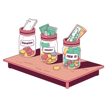 A set of three mason jars placed on a wooden table, each jar filled with various coins and neatly folded notes. The first jar is labeled with the text "Vacation" and contains shiny gold and silver coins along with a few colorful paper notes. The second jar is labeled "Emergency Fund" and is filled with a mix of copper and silver coins, as well as some larger denomination notes peeking out from the top. The third jar, labeled "New Car," contains a collection of bright coins and a stack of folded notes, creating a vibrant display. The jars are arranged in a line, casting soft shadows on the table surface.