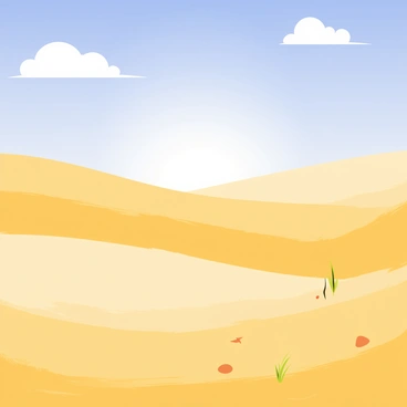 A shimmering mirage appears on the horizon of a vast hot desert, characterized by rolling sand dunes. The sky above is a bright blue, with a few fluffy white clouds scattered across it. The sun is high, casting strong shadows and illuminating the golden sand. The mirage takes the form of a water-like surface that reflects light, creating a visual illusion. In the foreground, small tufts of dry grass and occasional scattered rocks can be seen, contrasting with the smooth dunes in the background.