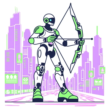 A futuristic robot archer stands poised in a bustling sci-fi city. The robot features sleek metallic limbs and intricate joint mechanisms, showcasing advanced engineering. It is equipped with a high-tech bow that has glowing elements and a streamlined design, ready to shoot. The robot's visor displays a digital interface with targeting information. Surrounding the archer are towering skyscrapers with angular architecture, adorned with neon lights and holographic advertisements. The ground is illuminated with bright pathways, adding to the dynamic atmosphere of the city.