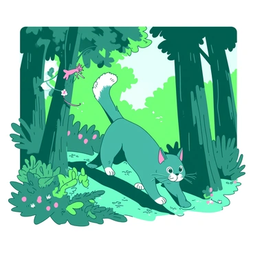 A teal cat named "Tom" is darting through a vibrant green forest, surrounded by tall trees with thick trunks and lush, leafy canopies. Sunlight filters through the leaves, creating dappled patterns on the forest floor. In front of Tom, a small, agile squirrel with a fluffy tail is playfully scampering up a tree trunk. Tom's body is low to the ground, poised in mid-pounce, with his eyes focused intently on the squirrel. The underbrush is filled with ferns and colorful wildflowers, enhancing the lively scene.