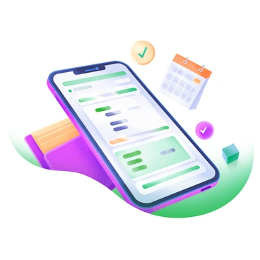 A modern pastel illustration featuring a smartphone lying flat on a smooth surface. The screen of the smartphone displays a digital bill payment app in use, showcasing various bills listed with their amounts. The background includes small, colorful icons like a wallet, a calendar, and a check mark, all surrounding the smartphone to symbolize financial management. The overall composition conveys a sense of organization and efficiency in handling bills.