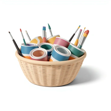 A laundry basket, woven with a natural fiber texture, filled to the brim with several metal paint cans in various sizes, each with colorful paint labels. The paint cans display vibrant shades of blue, red, yellow, and green. Mixed in among the cans are a variety of paintbrushes of different sizes, some with bristles still coated in paint, while others appear freshly cleaned. The scene is well-lit, showcasing the glossy paint surfaces and the texture of the brushes, all arranged in a way that suggests preparation for a creative art project.