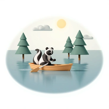 A skunk, with distinctive black and white stripes, is sitting comfortably in a small wooden boat. The boat gently glides across the surface of the lake, creating subtle ripples in the water. The skunk has its paws placed on the oars, rowing leisurely. Surrounding the lake are tall trees with lush green leaves, reflecting in the calm water. The sky above is partly cloudy, with soft sunlight filtering through the clouds, casting a warm glow over the scene.
