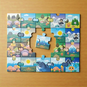 A colorful jigsaw puzzle displayed on a wooden table, featuring a variety of vibrant images including landscapes and animals. Each piece fits snugly together, except for one area that has a single piece missing. The missing piece is represented by a digital graphic of an "error face," which includes a frowning mouth and closed eyes. The surrounding puzzle pieces are intricately designed, showcasing bright hues and detailed illustrations.