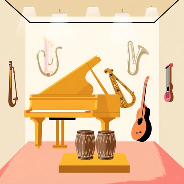 A gallery showcasing traditional musical instruments from around the world. The center of the display features a large wooden grand piano with intricate carvings. To the left, there is an ornate sitar with colorful strings and decorative inlays. On the right, a shiny silver trumpet gleams under the gallery lights. Hanging from the walls are various stringed instruments, including a lyre and an acoustic guitar, each with unique designs. Below the instruments, a polished wooden platform displays a pair of large, ceremonial drums with intricate patterns. The background is filled with soft, warm lighting, highlighting the diversity and beauty of each instrument.