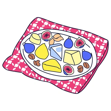 A cheese platter arranged on a checkered picnic blanket. The platter features a variety of cheeses, including brie, cheddar, and blue cheese, cut into wedges. Surrounding the cheeses are fresh figs, sliced in half to reveal their vibrant interior. There are a mix of nuts, including almonds and walnuts, scattered around the cheeses and figs. The picnic blanket has a classic red and white pattern, with the platter placed centrally on it.