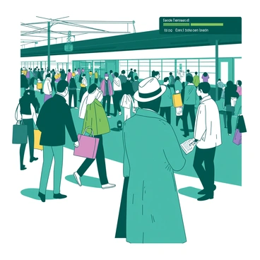 A busy train station filled with passengers hurrying in various directions. Some passengers are carrying colorful bags, while others are checking their watches or looking up at the departure board. In one corner of the station, a detective dressed in a teal trench coat is quietly observing the crowd. The detective has a white fedora hat tilted slightly to one side and is holding a notepad in one hand. The hustle and bustle of the station contrasts with the detective's calm demeanor as they take notes on the lively scene around them.