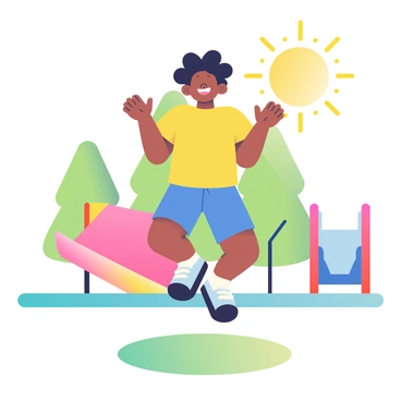 A child with curly black hair is performing jumping jacks on a playground. The child is wearing a bright yellow t-shirt and blue shorts. Surrounding the child are colorful playground equipment, including a red slide and a blue swing. In the background, there are green trees casting shadows on the soft grass. The sun is shining brightly, creating a lively atmosphere. The child is smiling widely as they jump, with arms extended and legs apart.