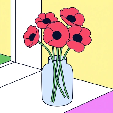 A bouquet of bright red poppies is arranged in a simple transparent glass vase. The vase sits on a sunny windowsill, allowing warm sunlight to illuminate the vibrant petals. The green stems of the poppies are visible through the glass, contrasting with the clear surface. The background features a soft, light-colored wall that accentuates the colors of the flowers.
