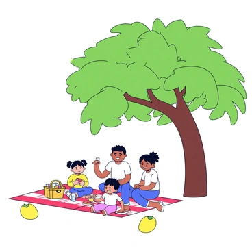 A family of four is sitting on a red and white checkered picnic blanket under the shade of a large mango tree. The tree has a thick trunk and lush green leaves, providing ample shade. There is a picnic basket filled with fruits, sandwiches, and drinks placed on the blanket. The children are playing with a frisbee nearby, while the parents are enjoying a light conversation. A few ripe mangoes are scattered on the ground beneath the tree.