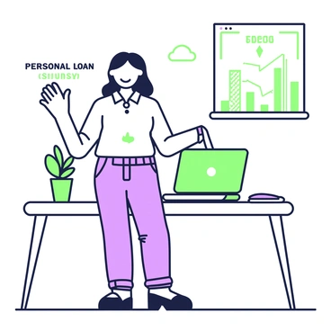 A person is standing in an office, holding a "personal loan check" in their right hand. Their expression shows a sense of "relief" as they look down at the check. They are dressed in business casual attire, featuring a collared shirt and slacks. The background includes a desk with a laptop and some paperwork, and a window revealing a view of a city skyline. There is a potted plant on the desk, adding a touch of greenery to the environment.