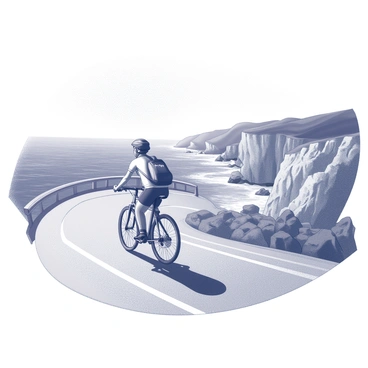 A cyclist is pedaling along a winding coastal road that hugs the shoreline. The cyclist is wearing a helmet and has a "sac-à-dos" secured to their back. The road is surrounded by rugged cliffs on one side and the vast ocean on the other, with waves crashing against the rocks below. In the background, there are distant hills and a clear sky. The scene captures the sense of movement and adventure as the cyclist enjoys the open air and stunning landscape.