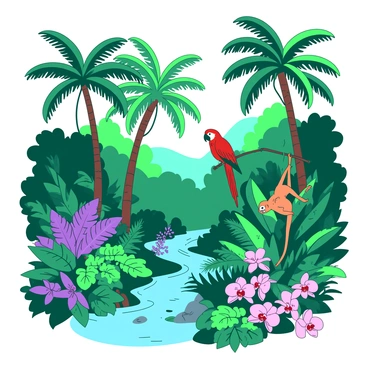 A vibrant jungle scene filled with a wide variety of plant species. Towering green palm trees with broad leaves stretch towards the canopy above. Ferns with intricate fronds are scattered on the forest floor, alongside colorful orchids blooming in shades of pink and purple. In the midst of the foliage, a bright red parrot perches on a branch, its feathers glistening in the sunlight. Nearby, a playful orange monkey swings from a vine, surrounded by lush greenery. A winding stream flows through the scene, reflecting the vivid colors of the plants and animals.