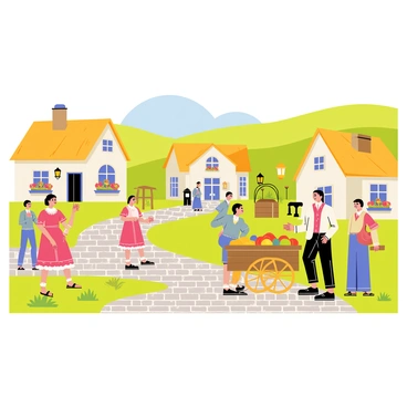 A picturesque village scene depicting an 18th-century setting. The foreground features several villagers dressed in period costumes, including women in long dresses with lace trim and men in knee-length coats and breeches. A cobblestone path winds through the village, leading to quaint thatched-roof cottages with flower boxes beneath the windows. In the background, a gentle green hill rises with a clear blue sky above. Some villagers are gathered around a wooden cart filled with fruit, while others engage in conversation, creating a lively and vibrant atmosphere. Decorative elements such as lanterns and a wooden well add charm to the scene.