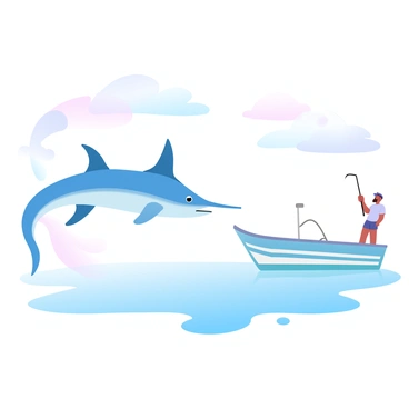 A sailfish is swimming gracefully alongside a small fishing boat on the surface of a calm sea. The sailfish is characterized by its elongated body and vibrant blue color, with its dorsal fin extended high, creating a striking silhouette against the water. The fishing boat is painted in bright colors, and the fisherman is standing at the edge, holding a fishing rod, looking towards the sailfish. The water reflects soft gradient pastel colors of the sky, creating a serene ambiance around them.