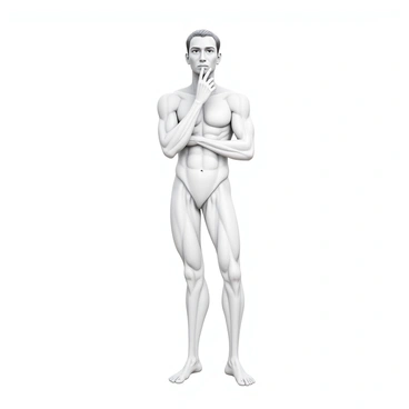 A detailed pencil sketch of an ectomorph figure standing in a thoughtful pose. The figure has a slender build with long limbs and a narrow waist. The arms are slightly bent, with one hand resting on the chin, indicating deep contemplation. The facial features are sharp and defined, with a focused expression. The hair is styled in a simple, neat manner. The contours of the muscles are subtly outlined, emphasizing the figure's physique. The background is minimal, ensuring the focus remains on the figure's thoughtful stance.