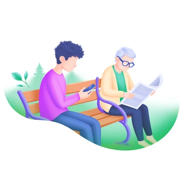 A young person sitting on a park bench, focused on a smartphone in their hands. They have short, curly hair and are wearing casual clothing. Nearby, an elderly person is sitting comfortably, reading a newspaper. The elderly person has gray hair and wears glasses, dressed in a light cardigan. The park setting includes green grass and trees in the background, creating a peaceful atmosphere.