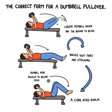 A step-by-step instructional diagram illustrating "the correct form for a dumbbell pullover." The first panel shows a light-skinned person lying on a bench with feet flat on the floor, holding a dumbbell above their chest with both hands. The second panel demonstrates the individual lowering the dumbbell in an arc behind their head, maintaining a slight bend in the elbows. The third panel captures the person raising the dumbbell back to the starting position above the chest, focusing on their core and shoulder engagement. Each panel includes clear labels and arrows indicating movement directions to enhance understanding.