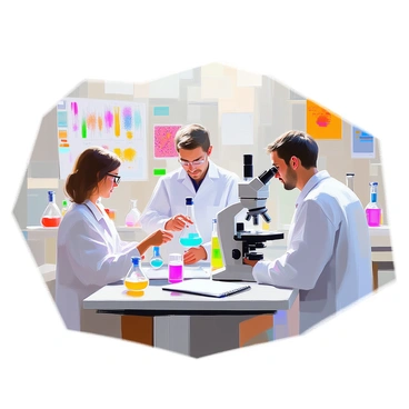 A group of scientists in a laboratory is engaged in research focused on diseases. One scientist, a woman with glasses and short brown hair, is carefully pouring a bright blue liquid from a beaker into a test tube. Another scientist, a man with dark hair and a white lab coat, is examining a microscope, taking notes on a clipboard beside him. The lab is filled with various beakers and test tubes, some filled with colorful liquids, and there are charts depicting disease patterns pinned to the walls. The atmosphere is busy and focused, with the scientists collaborating on their findings.
