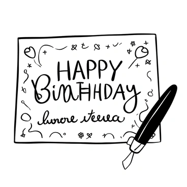 A handmade birthday card displayed on a wooden table, with intricate patterns drawn around the edges. The card features the words "Happy Birthday" elegantly written in a prominent position. Below the main greeting, there is a personal message written in italics, surrounded by small decorative elements such as stars and balloons. A quill pen rests beside the card, suggesting it was recently used to write the message.