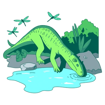 A green iguanodon is bending down at the edge of a clear blue river, drinking water with its long neck extended. The iguanodon's skin is textured with scales and patterns, reflecting sunlight. Dragonflies with iridescent teal wings are buzzing around, darting above the water's surface. The background features lush green vegetation framing the riverbank, with a few smooth rocks partially submerged in the water. The scene captures a moment of calm interaction between the dinosaur and its natural habitat.