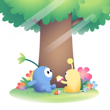 Two different types of Pikmin, one blue and one yellow, are sharing a snack beneath a large, leafy tree with a thick trunk. The blue Pikmin has a round head and a small leaf sprouting from its head, while the yellow Pikmin has a long stem with a flower on top. They are sitting on a patch of soft grass, with a small piece of fruit, cut in half, placed between them. Sunlight filters through the tree branches, creating dappled patterns on the ground around them. The background features colorful flowers blooming in various shades of red and purple, enhancing the cheerful atmosphere of their shared moment.