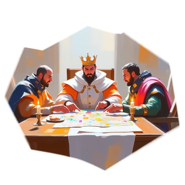 A king with a regal crown sits at a grand wooden table, deeply focused on a large, detailed map spread out before him. He has a thoughtful expression and is dressed in elaborate royal robes adorned with intricate patterns. Surrounding him are three advisors, each with distinct attire: one wears a dark cloak with silver embellishments, another is in a tunic with a rich red color, and the third dons a green attire with golden accents. They lean in closer, pointing at specific areas on the map while engaged in serious discussion. Candles flicker in ornate holders around them, casting soft light across their faces and the map, which features various markings and symbols indicating territories and battle plans.