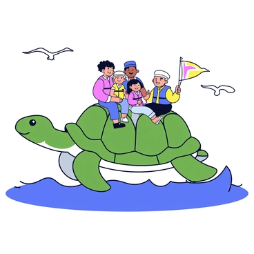 A family of sailors is riding on the back of a giant sea turtle. The turtle has a smooth green shell with intricate patterns. The sailors are wearing colorful life jackets and have wide smiles as they enjoy their ride. The family consists of two adults and two children, with one child holding a small flag. The ocean is calm and blue, with gentle waves surrounding the turtle. In the background, there are a few seagulls flying overhead.