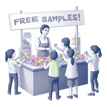 A toy store booth filled with an assortment of colorful mini toys arranged neatly on display tables. Children of various ages are gathered around, excitedly reaching for toys. Some children are holding small action figures while others are inspecting miniature cars and plush animals. The booth is decorated with bright banners that read, "Free Samples!" in large, eye-catching letters. A friendly store employee is smiling, handing out toys to the eager children. The overall atmosphere is lively, filled with laughter and cheerful engagement among the children.