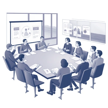 A group of local residents gathered in a spacious meeting room at a coastal center. They are seated around a large rectangular table, engaged in discussion. Some individuals are holding documents and presentations related to tidal energy, while others are actively participating by raising their hands or sharing ideas. The room features large windows that provide a view of the ocean outside, and posters related to environmental initiatives are displayed on the walls. A projector screen at the front shows a presentation about tidal energy, with graphics illustrating concepts and data.