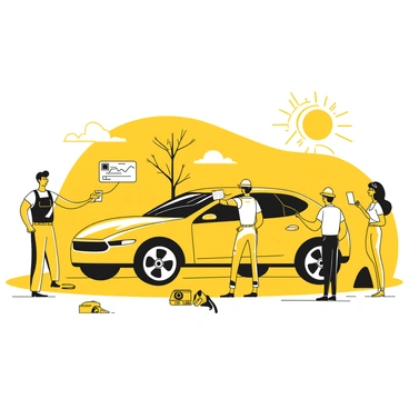 A team of engineers testing a solar-powered car on a sunny day