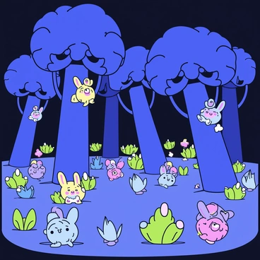 A dense forest with tall, slender trees that have wide, leafy canopies. The ground is scattered with glowing plants that emit soft, colorful light in shades of blue and green. Among the trees, small whimsical creatures, resembling a mix between rabbits and fairies, peek out curiously. The creatures have large, sparkling eyes and colorful fur, blending with the vibrant scenery. The atmosphere is lively with hints of movement among the foliage.