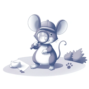 A cartoon mouse with large ears and a round body is wearing a detective's hat. The mouse is holding a magnifying glass up to its eye, intently examining a small footprint on the ground. Surrounding the mouse are various clues, including a crumpled piece of paper and a tiny paw print leading off to the side. The background features a simple illustrated landscape with a few bushes and a pathway, adding context to the investigative scene.