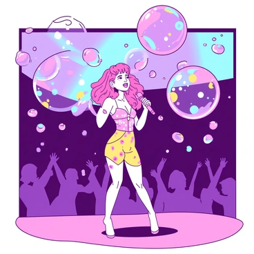 A pink-haired performer is standing center stage, holding a microphone while wearing a colorful costume adorned with playful patterns. Surrounding her are giant floating soap bubbles, reflecting a spectrum of colors as they rise into the air. The stage lights create a vibrant atmosphere, illuminating the performer and the bubbles with a soft glow. In the background, silhouettes of excited fans can be seen, captivated by the moment. The overall scene captures a whimsical and lively energy.