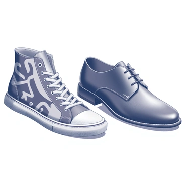 Two distinct shoes side by side on a white surface. The left shoe is a high-top sneaker with a bold pattern, featuring geometric shapes and an oversized tongue. The right shoe is a classic leather oxford, polished and formal, with smooth lines and a small heel. The two shoes display contrasting designs, textures, and colors, with the sneaker showcasing a playful, youthful vibe, while the oxford conveys professionalism and tradition. There is a subtle shadow cast beneath each shoe, emphasizing their individual presence.