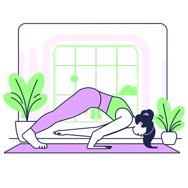 A person is transitioning from a "downward dog" position to a "plank" position on a yoga mat. The individual has long hair tied back in a ponytail and is wearing a fitted tank top and yoga pants. Their arms are extended, and the body is straightening as they move into the plank. The yoga studio features large windows letting in natural light, with plants placed in the corners and wooden flooring. The walls are painted a calming color, enhancing the peaceful ambiance of the space.