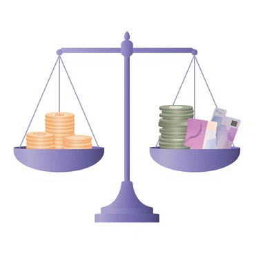 A digital flat illustration depicting a large, metallic balance scale in the center of the image. On the left side of the scale, there is a neatly stacked arrangement of coins with various denominations, shining and reflecting light. On the right side of the scale, there is a tall stack of colorful banknotes, fanned out slightly, showcasing different values. The scale is perfectly balanced, demonstrating the weight of coins and bills against each other. The background is kept simple to highlight the scale and its contents.
