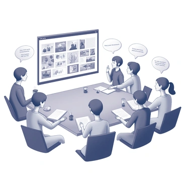 A virtual meeting scene featuring several illustrators engaged in a collaborative discussion. Each illustrator is represented by their individual avatar in a grid layout. There are six avatars in total, showcasing a diversity of hairstyles and accessories. In the center of the screen, a shared display shows a large collage of illustrated artwork, featuring various styles and themes. The characters are all focused on the screen, with some leaning in closer to examine the details. There are visible speech bubbles indicating active conversation, filled with words of encouragement and feedback. The background subtly hints at a digital workspace environment, with each character's personal touches visible around their avatars, such as books, art supplies, and decorative elements.
