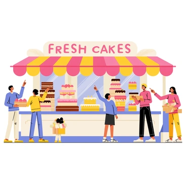A cake shop stall with a vibrant, colorful awning displaying the words "Fresh Cakes" in decorative lettering. The stall is richly adorned with various tiers of beautiful cakes, each showcasing different flavors and designs, such as a chocolate cake with a glossy frosting, a strawberry shortcake with fresh fruit on top, and a bright yellow lemon cake. Customers of different ages are eagerly gathered around the stall, some pointing at the cakes while others are happily carrying boxes filled with their purchases. The background features a lively market scene with other stalls and shoppers, creating an atmosphere of excitement and delight.