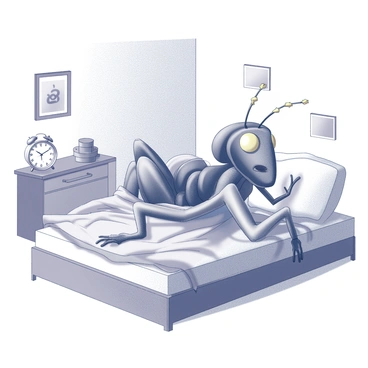 A man lying in a bed, looking shocked and confused. His body is transformed into a giant insect, with visible antennae and multi-faceted eyes. The bedding is rumpled around him, indicating a struggle. The room has soft lighting, casting shadows that emphasize the man’s new, unusual form. Walls are adorned with simple decorations, and a nightstand sits beside the bed, holding a clock showing the early morning hour.