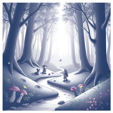 A dense forest with towering trees, their trunks gnarled and twisting. Sunlight filters through the thick canopy, casting intricate shadows on the forest floor. The ground is covered in a carpet of lush green moss and delicate ferns. Small, luminescent creatures flit between the trees, their wings shimmering with intricate patterns. In the underbrush, a group of whimsical creatures gather; one resembles a small, plump gnome with a long beard, another is a slender elf with pointed ears, and a third is a playful sprite with flowing hair. Small toadstools dot the landscape, and there are clusters of vibrant flowers that add texture to the scene. A gentle stream weaves through the forest, its water sparkling as it flows over smooth stones. Above, a chorus of chirping birds and rustling leaves adds to the enchanting ambiance of the forest.