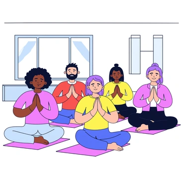 A diverse group of people is in a bright, airy yoga studio. They are all seated on colorful yoga mats. The class consists of individuals of different ethnicities, including a Black woman with curly hair, a Caucasian man with a beard, a South Asian woman with long hair, and a Hispanic woman with short hair. Each person is dressed in comfortable athletic wear. They are all performing the "namaste" gesture with their hands pressed together in front of their chests. The atmosphere reflects a sense of unity and tranquility as they conclude their session.