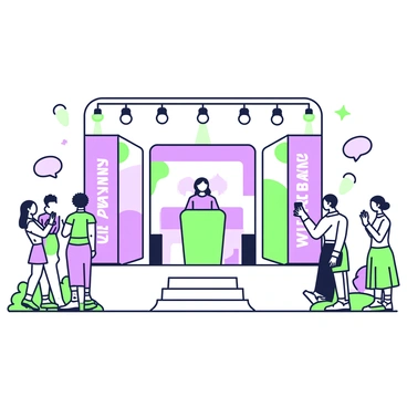 A vibrant event is taking place in a large indoor space, filled with attendees. In the center, there is a stage elevated with a glossy surface. On the stage, a podium is positioned at the front, flanked by large banners that prominently feature the words "New Product Launch." The banners are designed with eye-catching graphics, drawing attention. A group of people is gathered around the stage, some clapping while others are taking photos. Bright lights illuminate the area, and a large screen behind the podium displays images of the new product. Various decorations are placed around the venue, adding to the festive atmosphere.