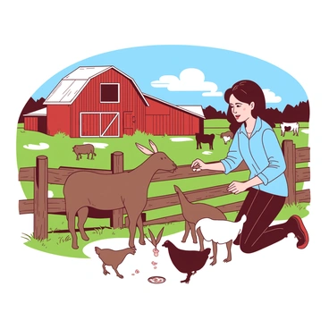 A rustic farm scene features a woman wearing a denim blouse, kneeling beside a wooden fence. She is gently feeding a brown goat, which eagerly reaches for the food in her hand. Nearby, a few chickens peck at the ground, adding to the lively atmosphere of the farm. In the background, a weathered red barn stands under a blue sky, with patches of green grass scattered throughout the scene. A couple of cows can be seen grazing peacefully in the distance, completing the serene farm setting.