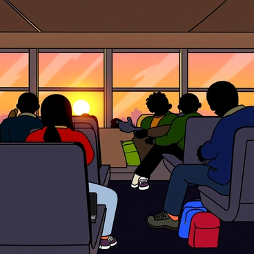 A group of students sitting inside a school bus, their silhouettes clearly defined against the bright sunset outside. The bus windows reflect the warm orange and pink hues of the sky as the sun descends. The students appear relaxed and engaged, with some leaning forward in their seats, while others are laughing and gesturing animatedly. Their features are obscured, but their body language conveys excitement and camaraderie. The interior of the bus has empty seats, backpacks scattered on the floor, and a few colorful posters on the walls, enhancing the lively atmosphere.