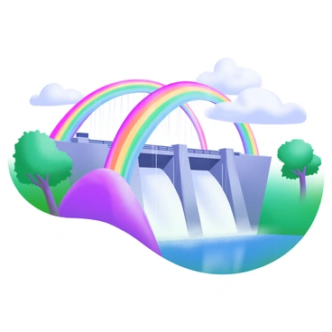 A vibrant rainbow arching gracefully over a large dam. The dam is made of concrete and overflows with water cascading down its side, creating a mist that catches the sunlight. Below the dam, a serene body of water reflects the colorful arcs of the rainbow, while lush green trees surround the area, glistening with droplets from the recent rain shower. The sky is partly cloudy, with hints of blue peeking through, enhancing the brightness of the scene.