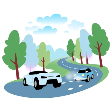 Two pied-patterned cars are racing down a winding road that curves through a lush green landscape. The first car is a sleek sports model, with a glossy finish reflecting the sunlight, while the second car is a compact hatchback, showing its vibrant design prominently. Surrounding the road are tall trees with leaves in varying shades of green, creating a rich backdrop. The winding road is asphalt, with clear markings and a few scattered pebbles. Above them, a blue sky is dotted with fluffy clouds, adding to the dynamic scene.